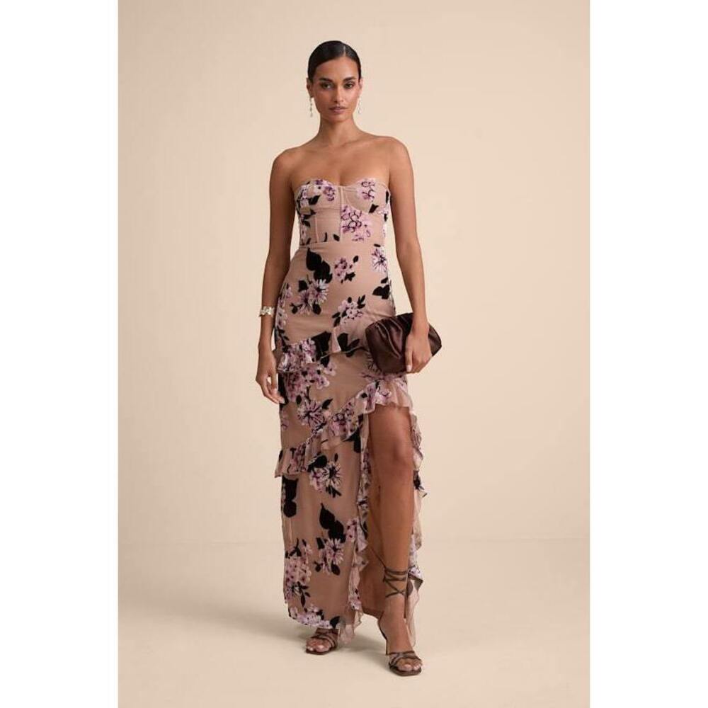 Lulus Chelisa Beige Floral Ruffled Strapless Bustier Maxi Dress - Size M